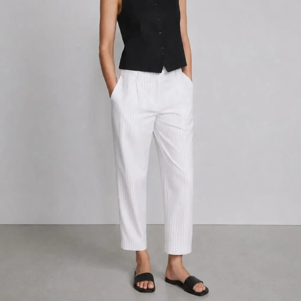 J.Crew Pleated Tapered Pant in Pinstripe Linen-Viscose Blend CN780 Womens 6 NWT